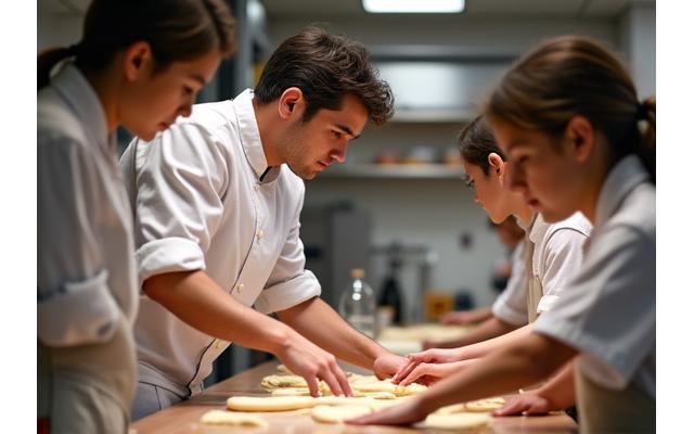 Un chef boulanger expliquant une technique de pétrissage à de petits groupes d'élèves attentifs.