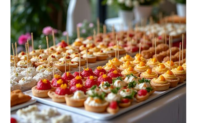 Buffet traiteur élégant avec petits fours et mini-sandwichs