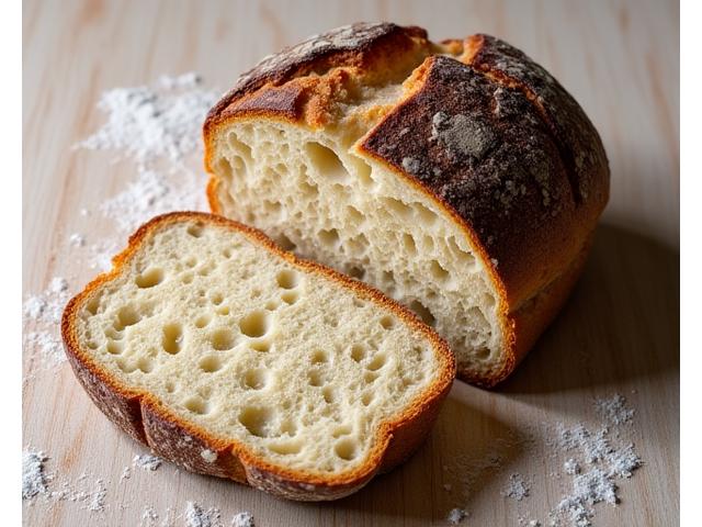 Un pain au levain avec une croûte fortement craquelée et une mie bien alvéolée.