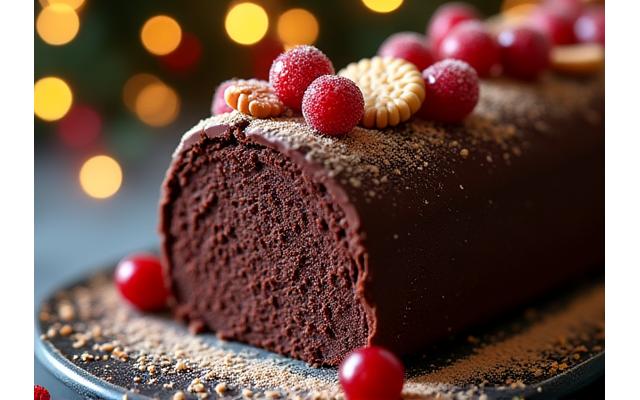 Bûche de Noël chocolatée et décorée de motifs festifs, sur un plat de service.